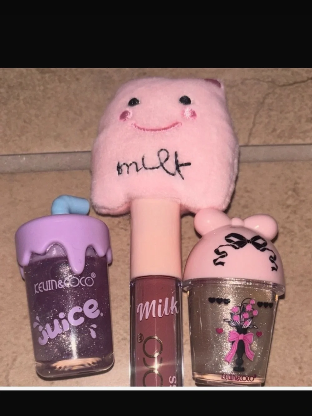 Kawaii Milk Lip Gloss Trio - Pink & Purple Glitter
